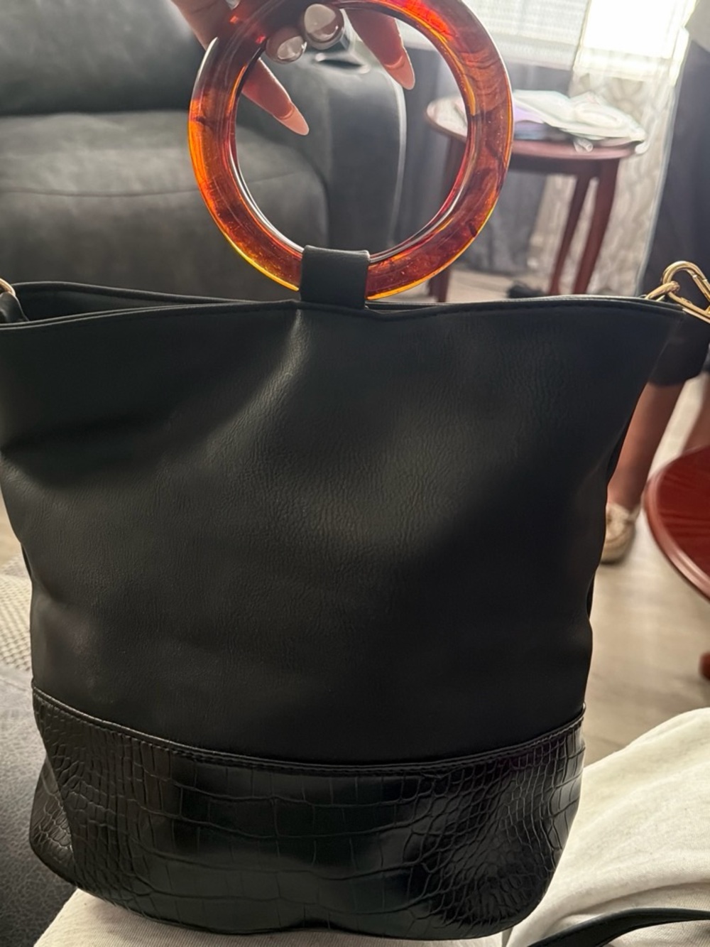 Black Mini Tote with Tortoiseshell Ring Handle